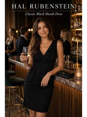 Hal Rubenstein Sheath Dress L Black V Neck Sleeveless LBD Cocktail Minimalist